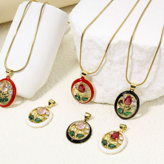 Image de 1 Pièce Breloques en Laiton & Verre Respectueux de la Nature Ovale Plaqué Or Véritable 18K Multicolore Tulipe Émail à Strass Coloré 26mm x 16mm