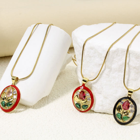 Image de 1 Pièce Breloques en Laiton & Verre Respectueux de la Nature Ovale Plaqué Or Véritable 18K Multicolore Tulipe Émail à Strass Coloré 26mm x 16mm