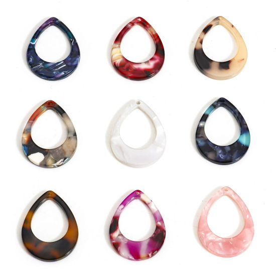 Picture of Acetic Acid Resin Acetate Acrylic Acetimar Marble Charms Drop Multicolor Hollow 28mm x 21mm