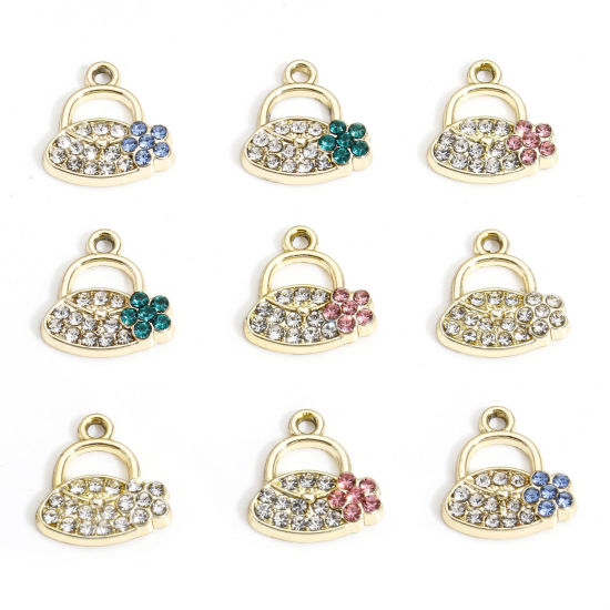 Picture of Zinc Based Alloy Clothes Charms Gold Plated Handbag Micro Pave 14mm x 13.5mm