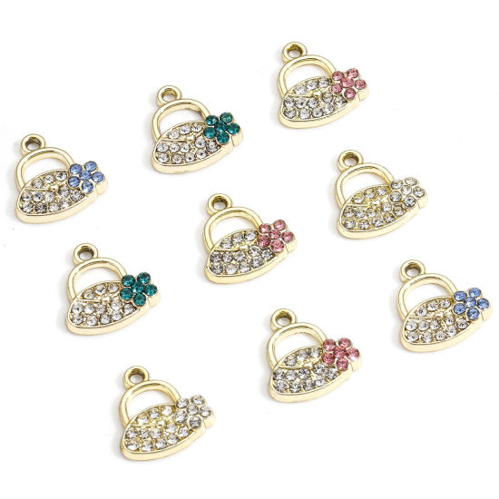 Picture of 10 PCs Zinc Based Alloy Clothes Charms Gold Plated Handbag Micro Pave 14mm x 13.5mm