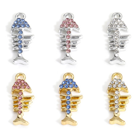 Immagine di 10 Pz Lega di Zinco Gioielli Oceanici Charms Multicolore Osso di Pesce Micro Spianare 22mm x 9mm