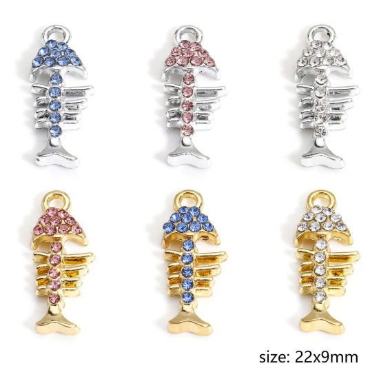 Picture of 10 PCs Zinc Based Alloy Ocean Jewelry Charms Multicolor Fish Bone Micro Pave 22mm x 9mm