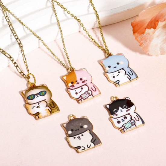 Picture of 10 PCs Zinc Based Alloy Charms Multicolor Cat Animal Enamel 22mm x 16mm