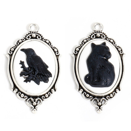 Immagine di 5 Pz Lega di Zinco Halloween Ciondoli Multicolore Corvo Uccello Gatto Con Resina Cabochons