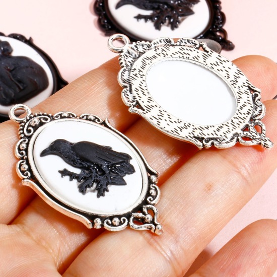 Picture of 5 PCs Zinc Based Alloy Halloween Pendants Multicolor Crow Bird Cat With Resin Cabochons
