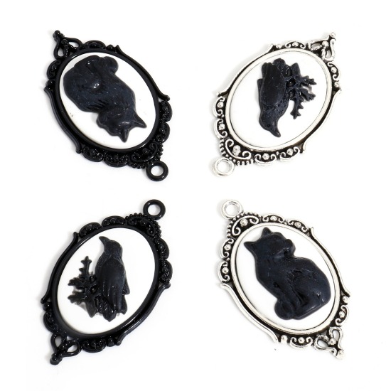 Picture of 5 PCs Zinc Based Alloy Halloween Pendants Multicolor Crow Bird Cat With Resin Cabochons