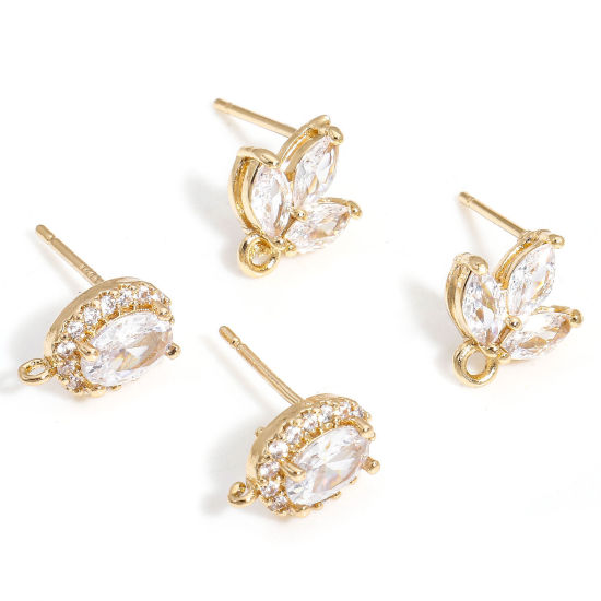 Picture of Brass Ear Post Stud Earring With Loop Connector Accessories Gold Plated Clear Cubic Zirconia