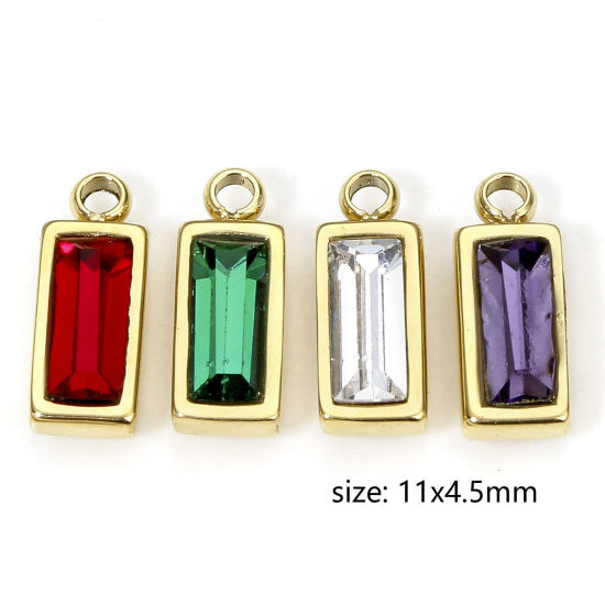 Picture of Eco-friendly Vacuum Plating 304 Stainless Steel Birthstone Charms Gold Plated Rectangle Trapezoid Multicolor Rhinestone