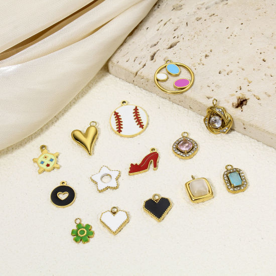 Picture of Eco-friendly Vacuum Plating 304 Stainless Steel Stylish Charms Gold Plated Multicolor Heart Enamel