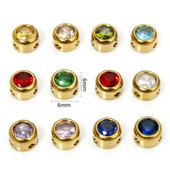 Image de Eco-friendly 304 Stainless Steel Birthstone Charms Gold Plated Round Multicolor Rhinestone