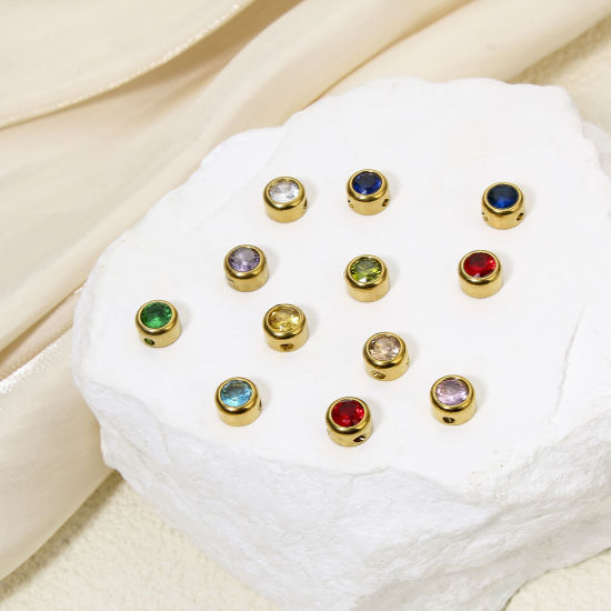 Image de Eco-friendly 304 Stainless Steel Birthstone Charms Gold Plated Round Multicolor Rhinestone