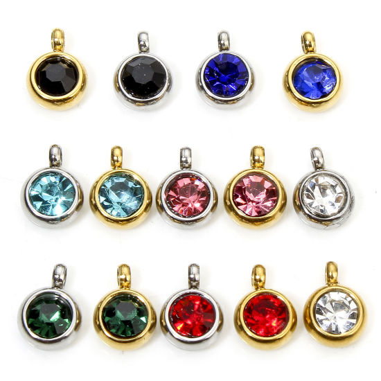 Picture of Eco-friendly 304 Stainless Steel Birthstone Charms Round Multicolor Rhinestone