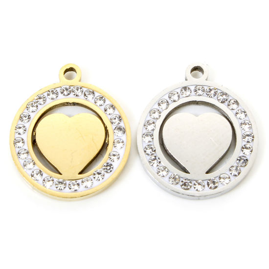 Изображение Eco-friendly 304 Stainless Steel Valentine's Day Charms Multicolor Round Heart Hollow Clear Rhinestone