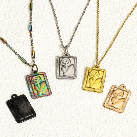 Immagine di 1 Pz Placcatura Sottovuoto 304 Acciaio Inossidabile San Valentino Ciondoli Rettangolo Rosa 22mm x 14mm