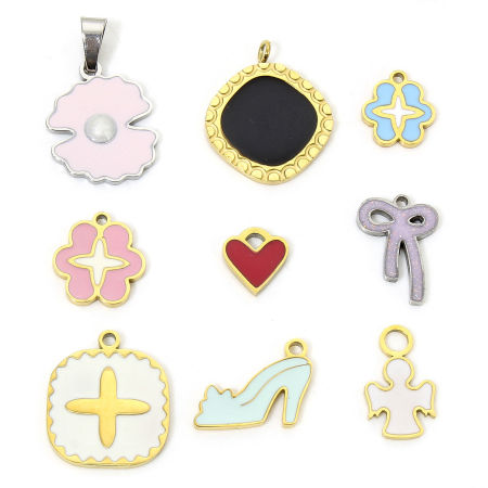 Picture of Eco-friendly Vacuum Plating 304 Stainless Steel Stylish Charms Multicolor Pale Lilac Bowknot Enamel