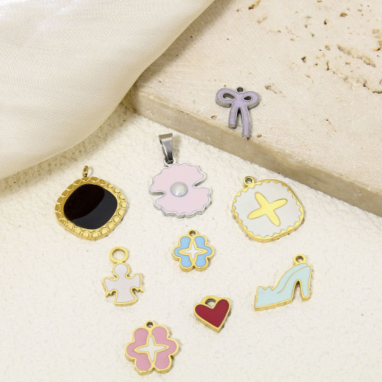 Bild von Eco-friendly Vacuum Plating 304 Stainless Steel Stylish Charms Multicolor Pale Lilac Bowknot Enamel