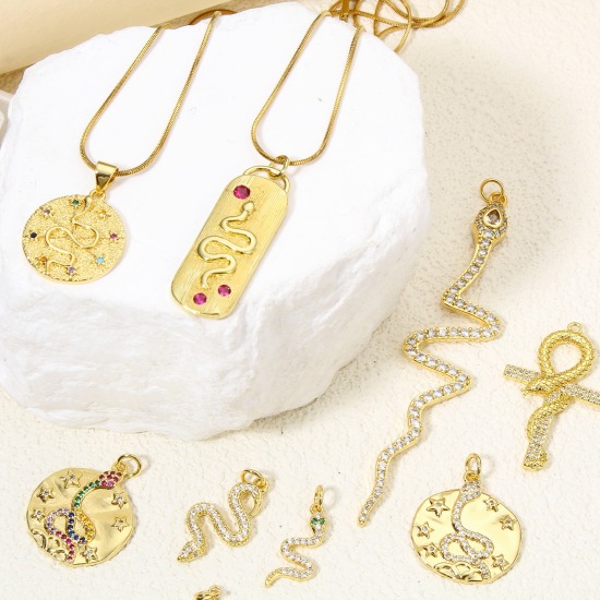 Bild von 1 Piece Eco-friendly Brass Pendants 18K Real Gold Plated Snake Animal Micro Pave Clear Cubic Zirconia