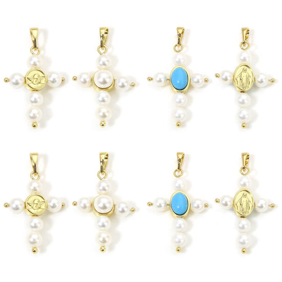 Immagine di 1 Pz Ecologico Ottone Religione Ciondoli Pendenti Croce 18K Vero Oro Placcato Perla Imitato Acrilico