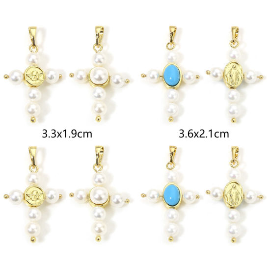 Immagine di 1 Pz Ecologico Ottone Religione Ciondoli Pendenti Croce 18K Vero Oro Placcato Perla Imitato Acrilico
