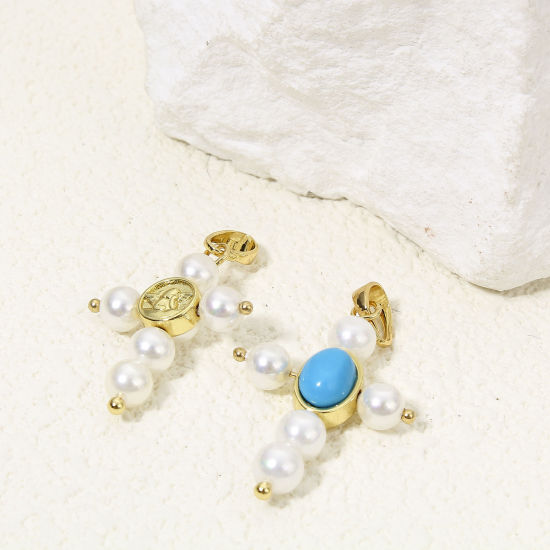 Immagine di 1 Pz Ecologico Ottone Religione Ciondoli Pendenti Croce 18K Vero Oro Placcato Perla Imitato Acrilico