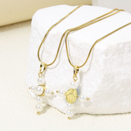 Immagine di 1 Pz Ecologico Ottone Religione Ciondoli Pendenti Croce 18K Vero Oro Placcato Perla Imitato Acrilico