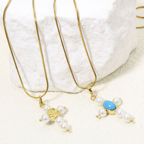 Immagine di 1 Pz Ecologico Ottone Religione Ciondoli Pendenti Croce 18K Vero Oro Placcato Perla Imitato Acrilico