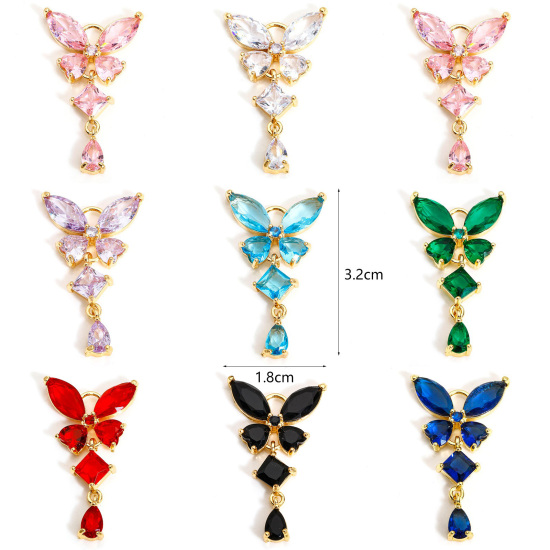 Picture of 1 Piece Brass & Glass Insect Charms Gold Plated Butterfly Animal Tassel Multicolor Rhinestone 3.2cm x 1.8cm