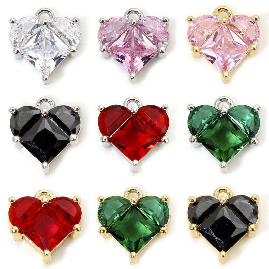 Picture of 1 Piece Eco-friendly Brass & Glass Valentine's Day Charms Real Gold Plated Heart 11mm x 10mm
