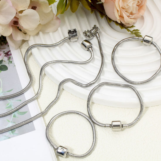 Picture of 304 Stainless Steel European Style Snake Chain Bracelets Silver Tone With Snap Clasp