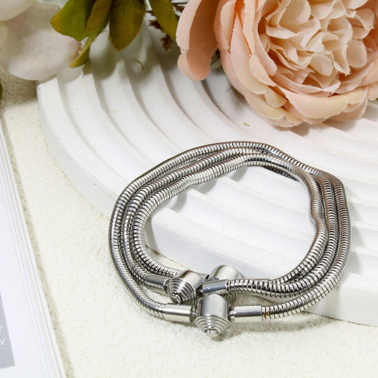 Picture of 304 Stainless Steel European Style Snake Chain Bracelets Silver Tone With Snap Clasp