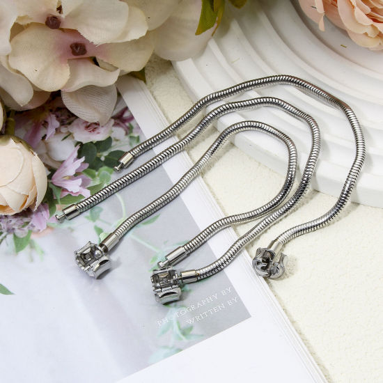 Picture of 304 Stainless Steel European Style Snake Chain Bracelets Silver Tone With Snap Clasp