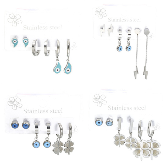 1 Set ( 6 PCs/Set) 304 Stainless Steel Religious Ear Post Stud Earrings Set Silver Tone Evil Eye 14mm, Post/ Wire Size: (18 gauge) の画像