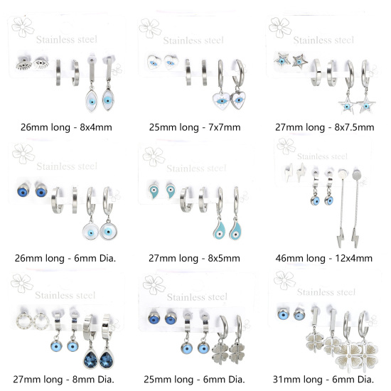 1 Set ( 6 PCs/Set) 304 Stainless Steel Religious Ear Post Stud Earrings Set Silver Tone Evil Eye 14mm, Post/ Wire Size: (18 gauge) の画像