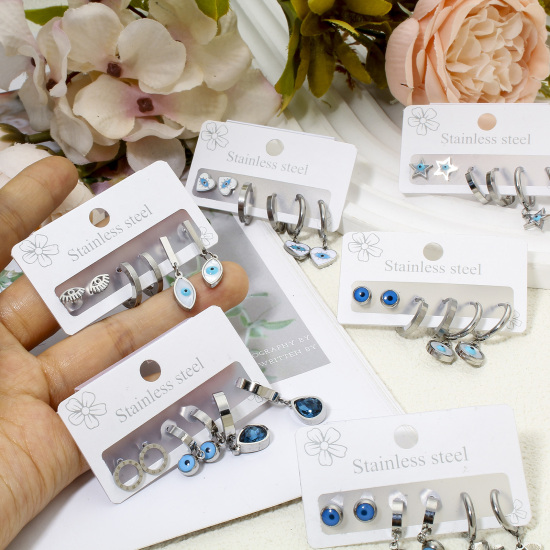 1 Set ( 6 PCs/Set) 304 Stainless Steel Religious Ear Post Stud Earrings Set Silver Tone Evil Eye 14mm, Post/ Wire Size: (18 gauge) の画像