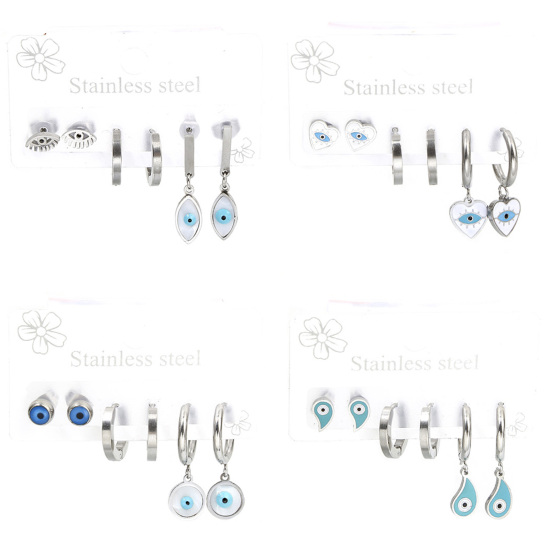 1 Set ( 6 PCs/Set) 304 Stainless Steel Religious Ear Post Stud Earrings Set Silver Tone Evil Eye 14mm, Post/ Wire Size: (18 gauge) の画像