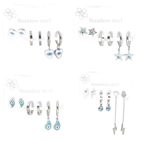 1 Set ( 6 PCs/Set) 304 Stainless Steel Religious Ear Post Stud Earrings Set Silver Tone Evil Eye 14mm, Post/ Wire Size: (18 gauge) の画像