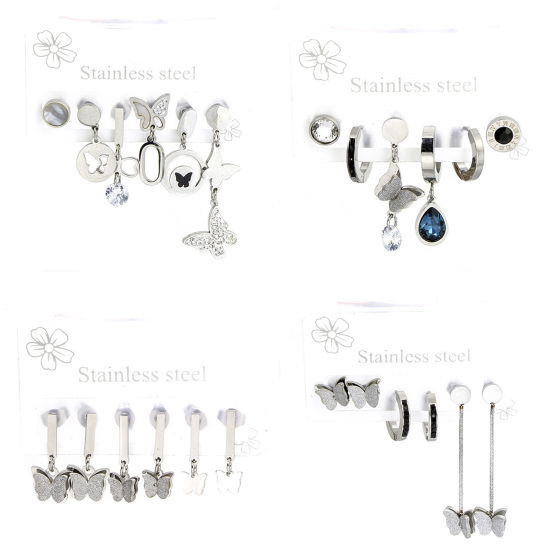 Picture of 1 Set ( 6 PCs/Set) 304 Stainless Steel Insect Ear Post Stud Earrings Set Silver Tone Butterfly