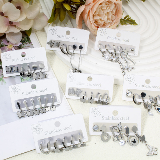 Picture of 1 Set ( 6 PCs/Set) 304 Stainless Steel Insect Ear Post Stud Earrings Set Silver Tone Butterfly