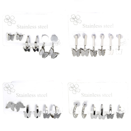 Picture of 1 Set ( 6 PCs/Set) 304 Stainless Steel Insect Ear Post Stud Earrings Set Silver Tone Butterfly