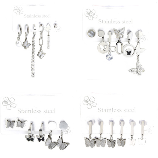 Picture of 1 Set ( 6 PCs/Set) 304 Stainless Steel Insect Ear Post Stud Earrings Set Silver Tone Butterfly