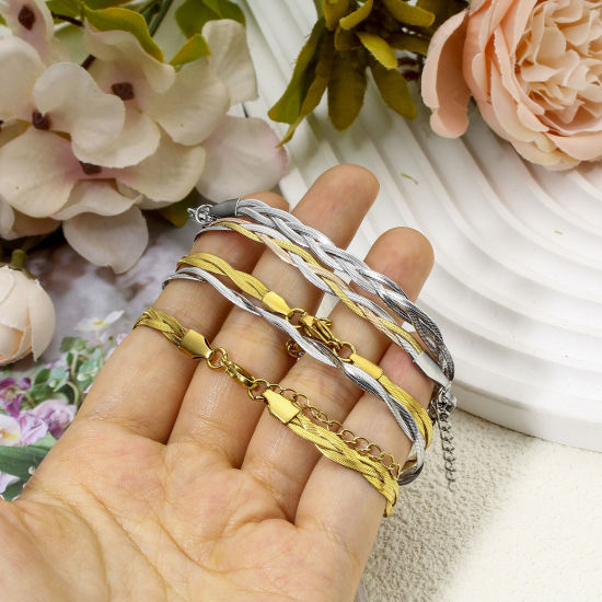 Immagine di 1 Pz Placcatura Sottovuoto 304 Acciaio Inossidabile Catena a Maglia Fatta a Mano Braccialetti Intreccio 17.5cm Lunghezza