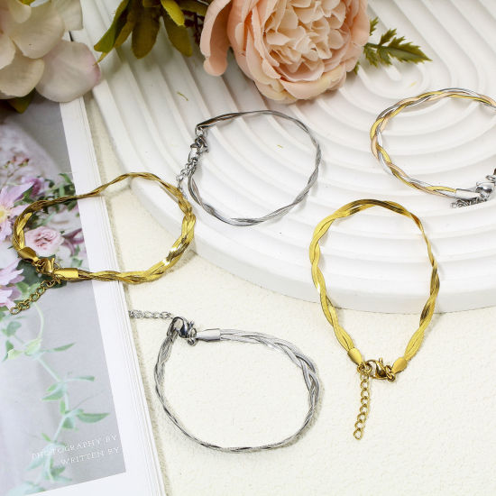 Immagine di 1 Pz Placcatura Sottovuoto 304 Acciaio Inossidabile Catena a Maglia Fatta a Mano Braccialetti Intreccio 17.5cm Lunghezza