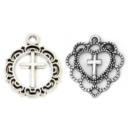 Zinc Based Alloy Religious Charms Antique Silver Color Cross Filigree Hollow