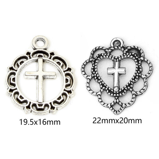 Picture of Zinc Based Alloy Religious Charms Antique Silver Color Cross Filigree Hollow