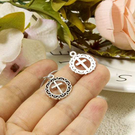 Picture of Zinc Based Alloy Religious Charms Antique Silver Color Cross Filigree Hollow