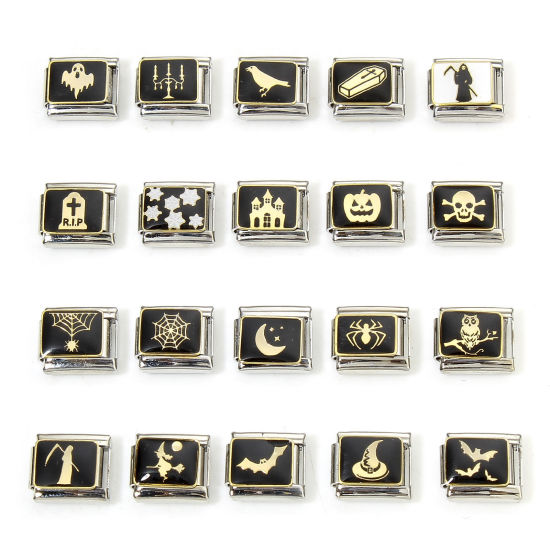 Imagen de 1 Unidad 304 Acero Inoxidable Halloween Charm Pulsera de Eslabones Italianos para Hacer Joyas DIY Tono de Plata Negro Halloween Esmalte 10mm x 9mm