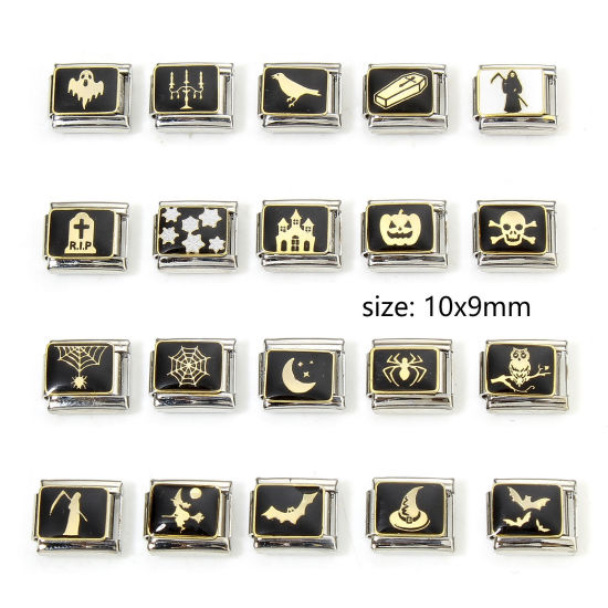 Imagen de 1 Unidad 304 Acero Inoxidable Halloween Charm Pulsera de Eslabones Italianos para Hacer Joyas DIY Tono de Plata Negro Halloween Esmalte 10mm x 9mm