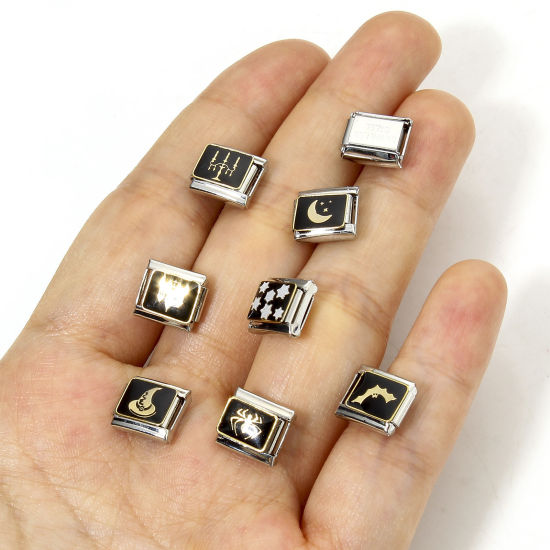 Imagen de 1 Unidad 304 Acero Inoxidable Halloween Charm Pulsera de Eslabones Italianos para Hacer Joyas DIY Tono de Plata Negro Halloween Esmalte 10mm x 9mm