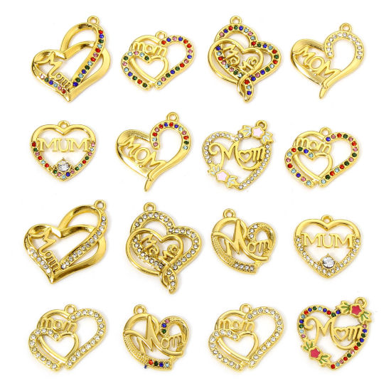 Eco-friendly 304 Stainless Steel Mother's Day Charms Gold Plated Heart Message " Mom " Enamel Multicolor Rhinestone の画像